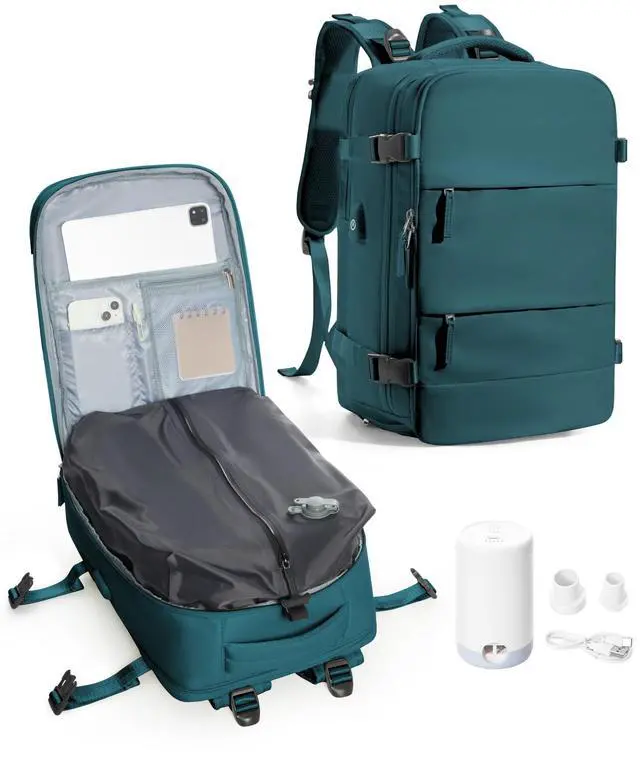 Main image of VENATIN Vacuum Travel Backpack with Pump, Travel Backpack with Vacuum System,Flight Approved 18 x 14 x 8 inches Personal Item Bag for Women,15.6 inch Laptop Backpacks, Peacock Blue
