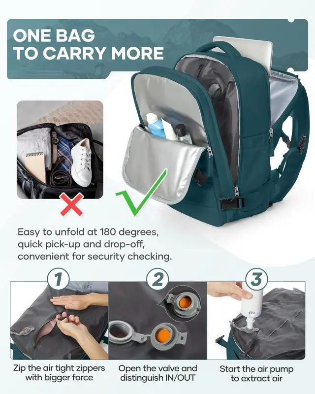 Alt view image 4 of 5 - VENATIN Vacuum Travel Backpack with Pump, Travel Backpack with Vacuum System,Flight Approved 18 x 14 x 8 inches Personal Item Bag for Women,15.6 inch Laptop Backpacks, Peacock Blue