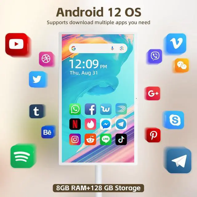 Alt view image 3 of 5 - QIXZOCV 24 Inch Portable TV, All-in-One Smart Screen, Touchscreen Rolling TV, Android OS, 8GB RAM+128GB Storage, FHD IPS Display, Built-in 13500MAH Battery, Wireless Screen Sharing, Adjustable Stand