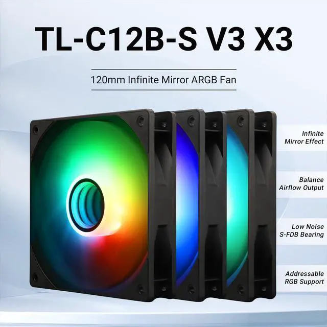 Alt view image 2 of 5 - Thermalright TL-C12B-S V3 Case Fan 120mm ARGB CPU Cooler Fan Comes with ARGB Mirror Light Effect,PC PWM Silent Fan with 1500RPM Speed, Black CPU Cooling ARGB Fan(Kit Fans)