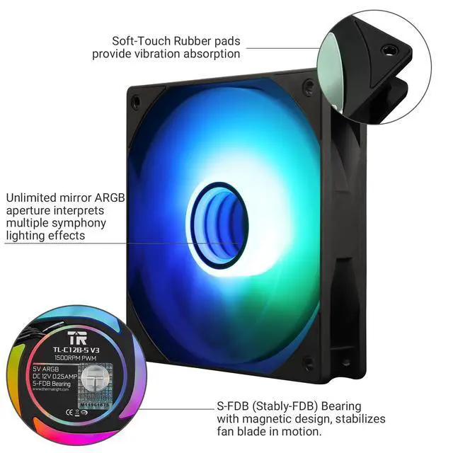 Alt view image 4 of 5 - Thermalright TL-C12B-S V3 Case Fan 120mm ARGB CPU Cooler Fan Comes with ARGB Mirror Light Effect,PC PWM Silent Fan with 1500RPM Speed, Black CPU Cooling ARGB Fan(Kit Fans)