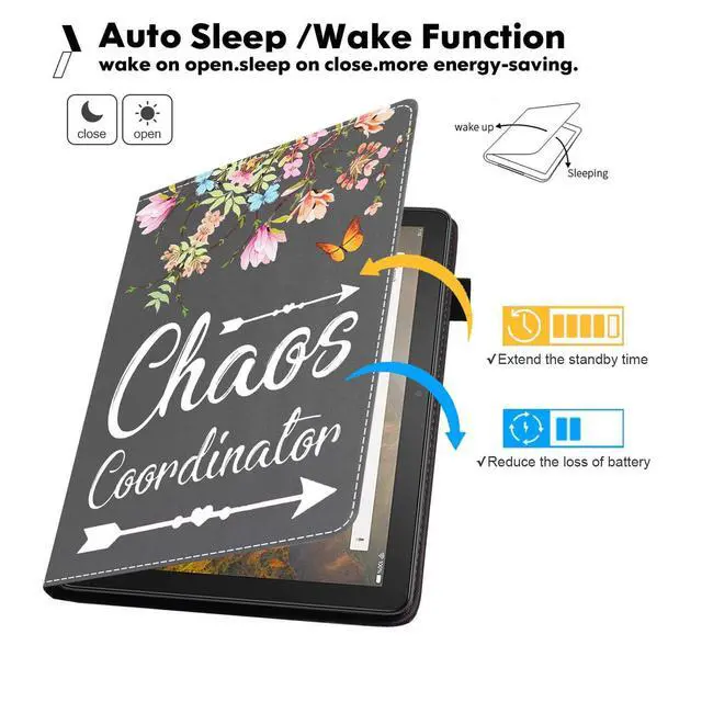 Alt view image 3 of 5 - TBXOSTN Case for Amazon Kindle Fire HD 10 & 10 Plus Tablet (13th/11th Generation, 2023/2021 Release) 10.1" - Premium PU Leather Stand Cover with Smart Auto Wake, Floral Quote Chaos Coordinator