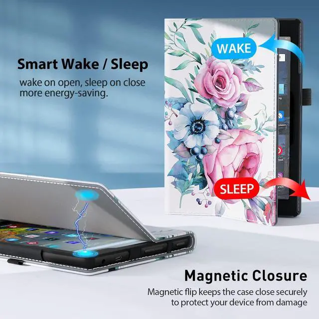 Alt view image 3 of 5 - VORI Case for All-New Amazon Fire 7 Tablet (Only fit 12th Generation, 2022 Release), Slim Vegan Leather Folio Stand Smart Cover with Hand Strap and Auto Wake/Sleep for Kindle Fire 7 Tablet, Peony