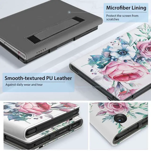 Alt view image 4 of 5 - VORI Case for All-New Amazon Fire 7 Tablet (Only fit 12th Generation, 2022 Release), Slim Vegan Leather Folio Stand Smart Cover with Hand Strap and Auto Wake/Sleep for Kindle Fire 7 Tablet, Peony