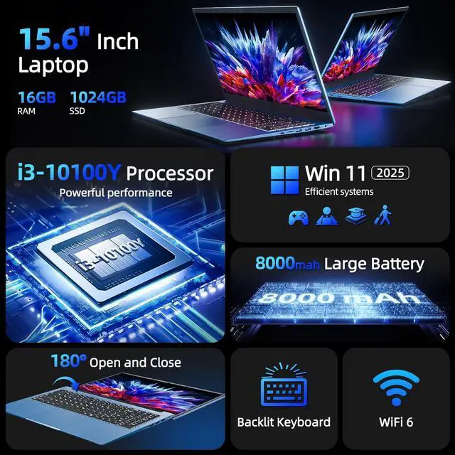 Alt view image 2 of 5 - Naclud 15.6 Inch Laptop Computer, Windows 11 Laptops with 16GB RAM 1024GB SSD, Core i3-10100Y CPU(Up to 3.9GHz), Backlit Keyboard, 53.2WH Battery, WiFi 6, IPS FHD Display, 180° Viewing, HDMI, Type-C