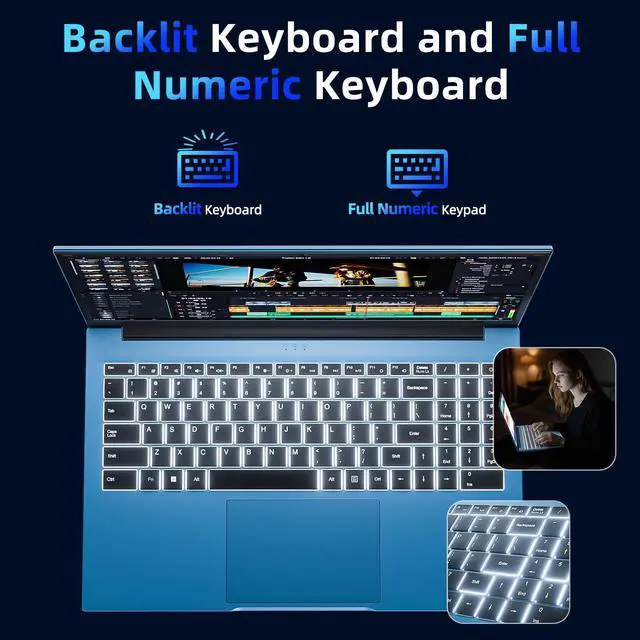Alt view image 4 of 5 - Naclud 15.6 Inch Laptop Computer, Windows 11 Laptops with 16GB RAM 1024GB SSD, Core i3-10100Y CPU(Up to 3.9GHz), Backlit Keyboard, 53.2WH Battery, WiFi 6, IPS FHD Display, 180° Viewing, HDMI, Type-C