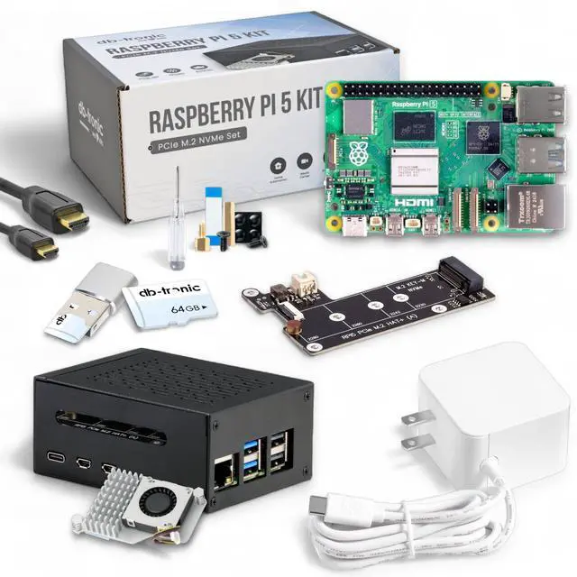 Main image of Raspberry Pi 5 16GB RAM PCIe M.2 NVMe - Set | Metal Housing | Active Cooler | M.2 NVMe SSD PCIe Board | Official USB-C 27W Power Supply | 64GB SD Card | 4K Micro HDMI