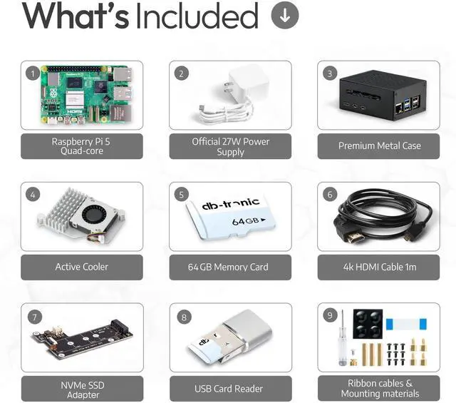 Alt view image 3 of 5 - Raspberry Pi 5 16GB RAM PCIe M.2 NVMe - Set | Metal Housing | Active Cooler | M.2 NVMe SSD PCIe Board | Official USB-C 27W Power Supply | 64GB SD Card | 4K Micro HDMI