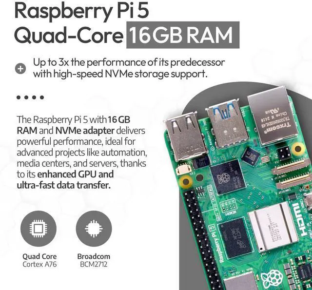 Alt view image 4 of 5 - Raspberry Pi 5 16GB RAM PCIe M.2 NVMe - Set | Metal Housing | Active Cooler | M.2 NVMe SSD PCIe Board | Official USB-C 27W Power Supply | 64GB SD Card | 4K Micro HDMI