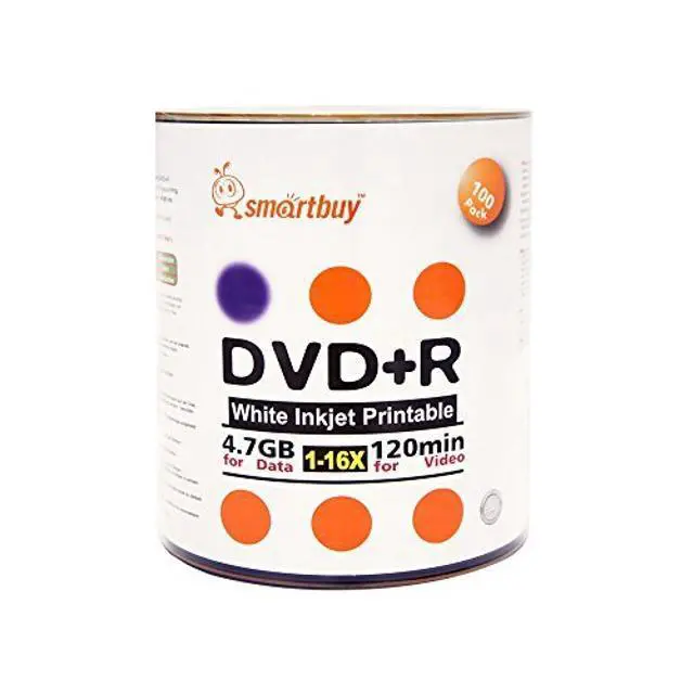 Alt view image 2 of 3 - Smart Buy 100 Pack DVD+R 4.7gb 16x White Printable Inkjet Blank Media Record Disc, 100 Disc 100pk