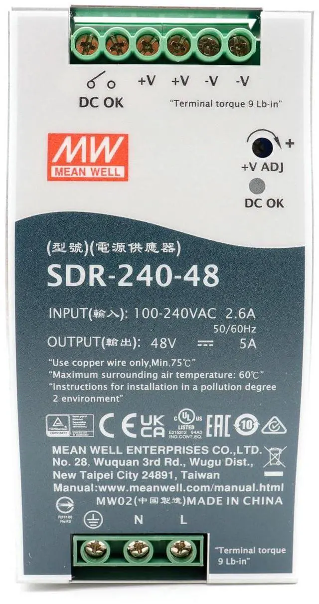 Alt view image 2 of 4 - Mean Well SDR-240-48 240W 5A 48VDC Single Output High Efficiency DIN Rail Power Supply with PFC Function for Security System, PoE Application Provided by KAINSC Products