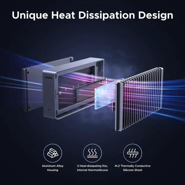 Alt view image 3 of 5 - UGREEN 40Gbps M.2 NVMe Enclosure with Aluminum Double-Sided Fin Heat Dissipation, No Noise External SSD Case Compatible with Thunderbolt 4/3/USB4/3.2/2.0 M1 M2 Pro/Max (SSD Not Included)