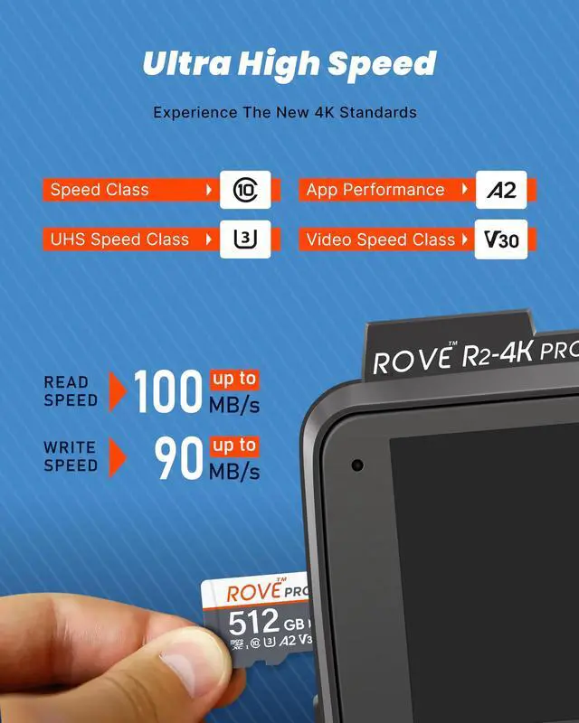 Alt view image 2 of 5 - ROVE PRO Micro SD Card microSDXC 512GB Memory Card with Full-Size SD Adapter 100MB/s Read Speed, C10, U3, V30, 4K, A2 for Dash Cam, Android Smart Phones, Tablets, Games