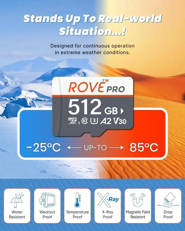 Alt view image 4 of 5 - ROVE PRO Micro SD Card microSDXC 512GB Memory Card with Full-Size SD Adapter 100MB/s Read Speed, C10, U3, V30, 4K, A2 for Dash Cam, Android Smart Phones, Tablets, Games