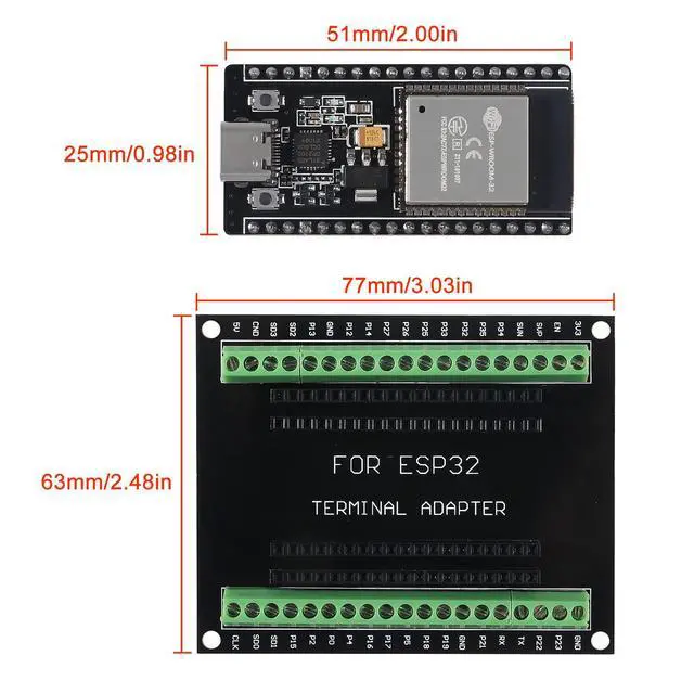 Alt view image 5 of 5 - 3 Set ESP32 Development Board Type C 38Pin Narrow Version WiFi + Bluetooth Microcontroller ESP-32 ESP-32S Board ESP-WROOM-32 with ESP32 Breakout Board GPIO 1 into 2 Terminal Screw Board