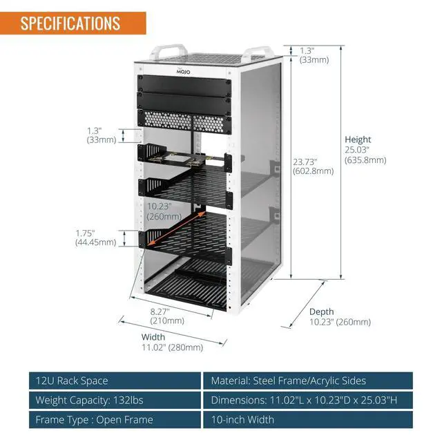 Alt view image 2 of 5 - Tecmojo 12U Network Rack, 10 inch Mini Server Rack with 2 Side Translucent Panels & 2 Top Handles, 10.23 inch Deep, for 10 inch IT Equipment & A/V Devices, White