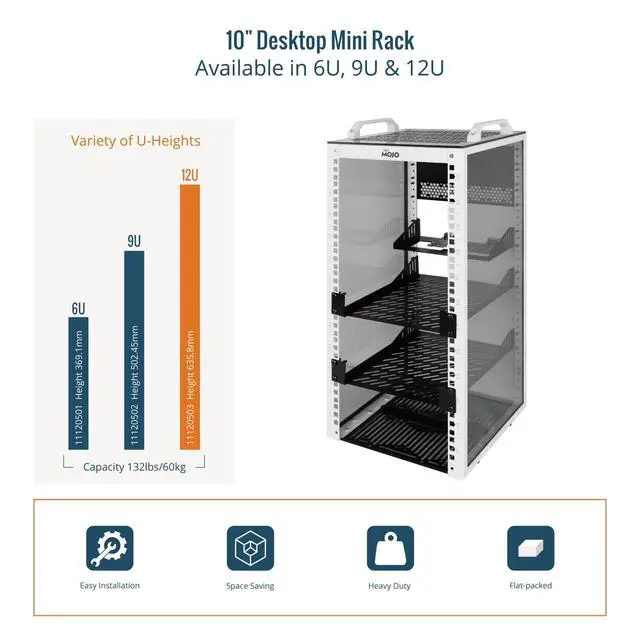Alt view image 5 of 5 - Tecmojo 12U Network Rack, 10 inch Mini Server Rack with 2 Side Translucent Panels & 2 Top Handles, 10.23 inch Deep, for 10 inch IT Equipment & A/V Devices, White