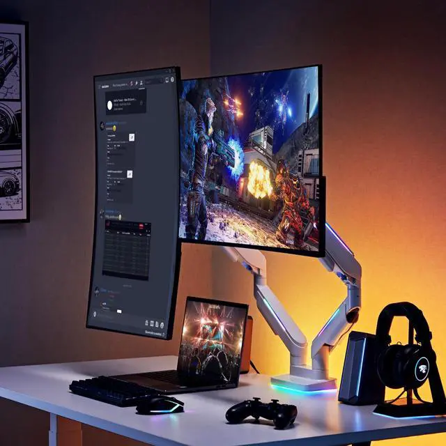 Alt view image 2 of 5 - AVLT RGB Lights Dual 17-43 Gaming Monitor Arm Desk Mount, Fits Two Flat/Curved/Ultrawide Screen up to 44lbs(20kg), Height Swivel Tilt Adjustable Stand  White