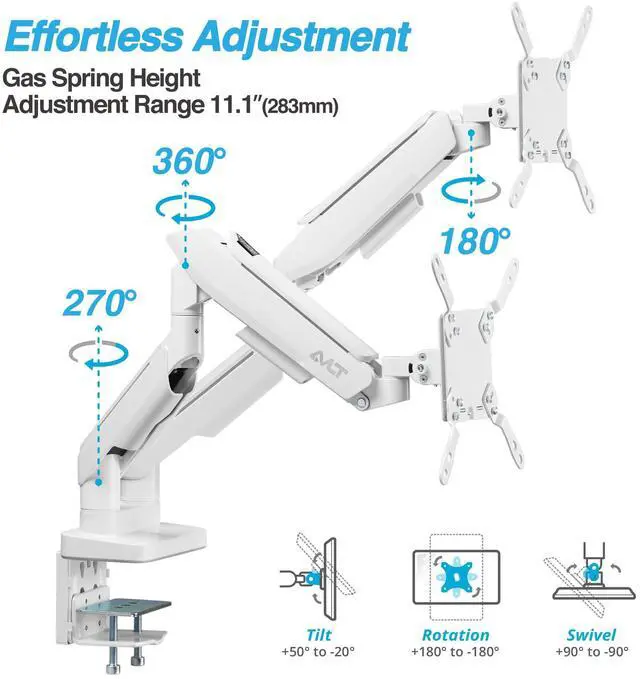Alt view image 5 of 5 - AVLT RGB Lights Dual 17-43 Gaming Monitor Arm Desk Mount, Fits Two Flat/Curved/Ultrawide Screen up to 44lbs(20kg), Height Swivel Tilt Adjustable Stand  White