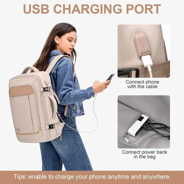 Alt view image 5 of 5 - VNINE Travel Backpack for Women Men: 40L Large Carry On Backpack Flight Approved with 3 Packing Cubes Expandable Personal Item Travel Bag with USB Charging Port Fits 17" Laptop Essentials Beige