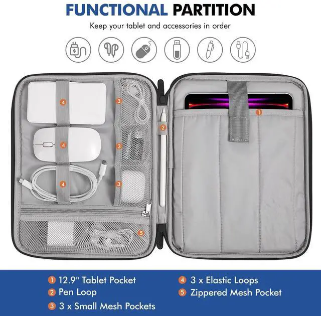 Alt view image 3 of 5 - MoKo 12.9 Inch Tablet Sleeve Carrying Case with Handle, Padded Protective Travel Bag for 13 Inch New iPad Pro M4 & Air M2 2024, iPad Pro 12.9 M2&M1, Galaxy Tab S9/S8 Plus 12.4" 2023/2022, Black