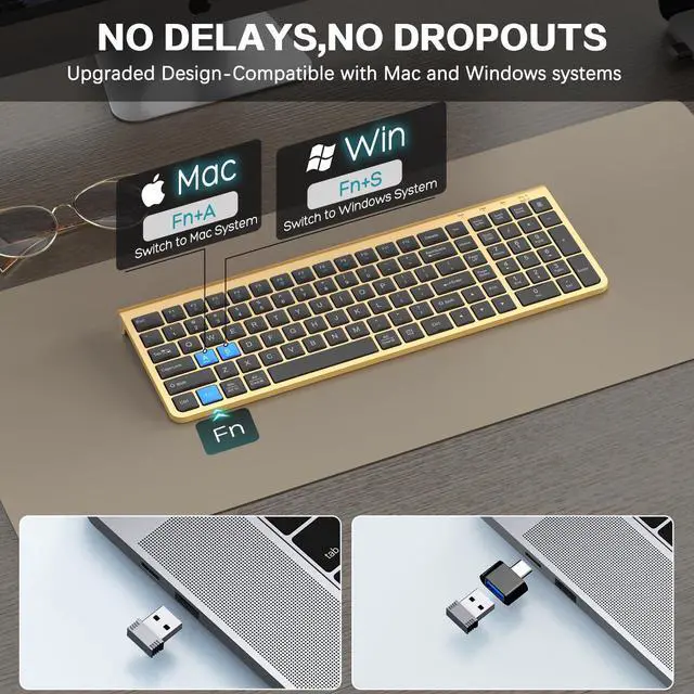 Alt view image 3 of 5 - JOYACCESS Black Gold Wireless Keyboard with Low-Profile Keys - 2.4GHz Full-Sized,Windows & Mac OS, Quiet,Ergonomic Keyboard for Computer, Laptop, PC, Mac,Windows- Gold