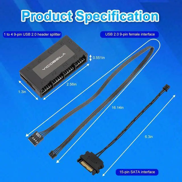 Alt view image 4 of 5 - Internal 4-Port USB 2.0 Hub, Iesooy USB 2.0 Header Splitter - 4 x 9-Pin - Magnetic Installation - Compatible with Most Motherboards