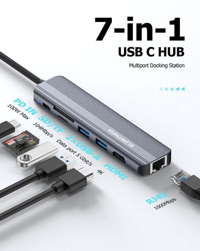 Alt view image 2 of 5 - Glomtheia USB C Hub Ethernet HDMI Adapter for Mac MacBook Air/Pro Laptop, Multiport Dock with RJ45 Gigabit Ethernet, 4K HDMI, USB 3.0, SD/TF Card Reader, PD 100W Charging