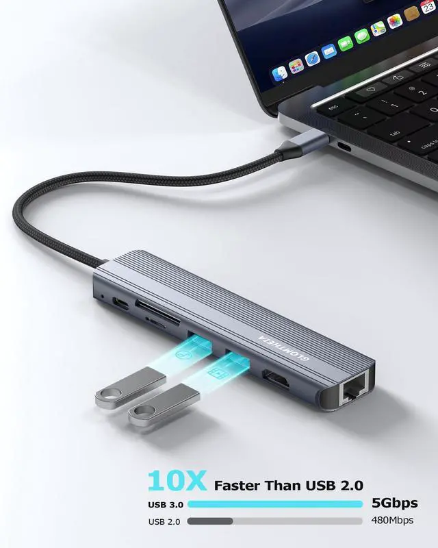 Alt view image 3 of 5 - Glomtheia USB C Hub Ethernet HDMI Adapter for Mac MacBook Air/Pro Laptop, Multiport Dock with RJ45 Gigabit Ethernet, 4K HDMI, USB 3.0, SD/TF Card Reader, PD 100W Charging