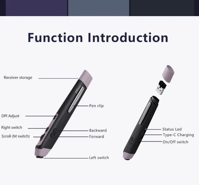 Alt view image 2 of 5 - Plima Patent, Intuitive Pen-tip Press-Down Function Equivalent to The Left Mouse Button,Pocket Ergonomic Dual Mode 2.4+BT Pen Mouse 2.0 Vertical Mice, Support Windows, Android,Linux, Mac OS(Purple)
