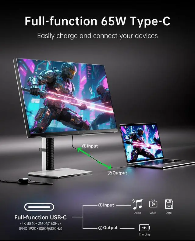 Alt view image 5 of 5 - KTC 27 Inch Dual Mode Mini LED Monitor - 4K UHD at 160Hz & 1080P FHD 320Hz Gaming Monitor, 65W Type-C Port, HDR1400 Fast IPS Panel, Adaptive-Sync, HDMI 2.1 & DP 1.4, Height Adjustment, VESA Wall Mount