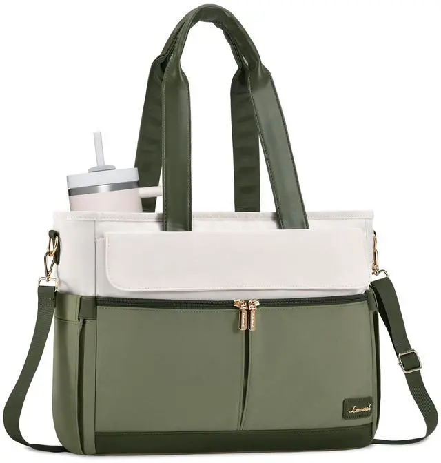 Main image of LOVEVOOK Upgrade Version Work Bags for Women 15.6 Inch Laptop Bag Large Capacity Mutiple Pockets Teacher Bag Water Resistant Canvas Tote Bag Purse for Office Travel College Nurse Teacher, Green Beige
