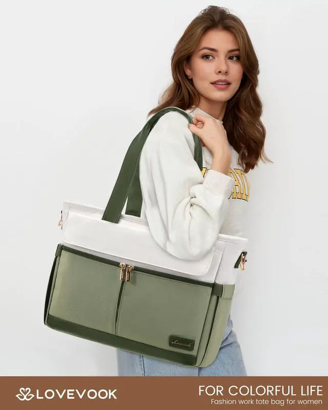 Alt view image 2 of 5 - LOVEVOOK Upgrade Version Work Bags for Women 15.6 Inch Laptop Bag Large Capacity Mutiple Pockets Teacher Bag Water Resistant Canvas Tote Bag Purse for Office Travel College Nurse Teacher, Green Beige