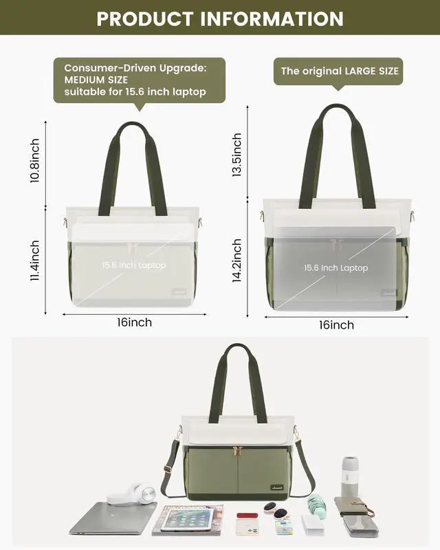 Alt view image 3 of 5 - LOVEVOOK Upgrade Version Work Bags for Women 15.6 Inch Laptop Bag Large Capacity Mutiple Pockets Teacher Bag Water Resistant Canvas Tote Bag Purse for Office Travel College Nurse Teacher, Green Beige