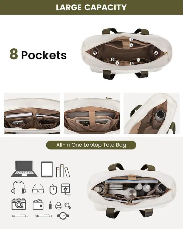 Alt view image 5 of 5 - LOVEVOOK Upgrade Version Work Bags for Women 15.6 Inch Laptop Bag Large Capacity Mutiple Pockets Teacher Bag Water Resistant Canvas Tote Bag Purse for Office Travel College Nurse Teacher, Green Beige