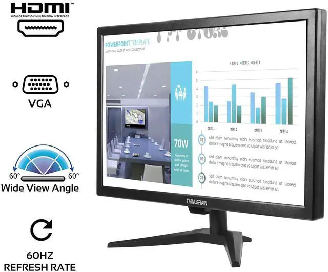 Alt view image 3 of 5 - Thinlerain 20" PC Monitor 16:9 1600x900 Kitchen Monitor LED Screen Display, 5Ms, 60 Hz, VESA Mountable, Build in Speaker, with VGA HDMI AV BNC USB for FireStick, Computer, Laptop