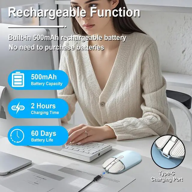 Alt view image 5 of 5 - Wireless Mouse Bluetooth Cute Ultra Slim Silent Computer Mice with USB Receiver Dual-Mode 2.4G & Bluetooth Rechargeable Portable USB Cordless Mouse for Laptop PC Desktop Tablet Kids Adults Gift, Blue