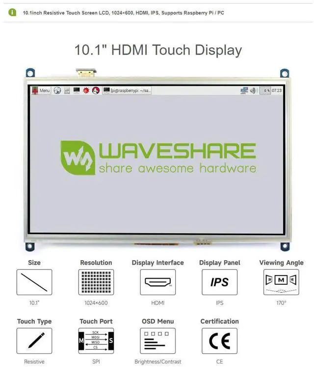 Alt view image 3 of 5 - waveshare 10.1inch Resistive Touch Screen LCD Compatible with Raspberry Pi 4B/3B+/3A+/2B/B+/A+/Zero/Zero W/WH/Zero 2W CM3+/4 1024×600 Resolution HDMI IPS Supports Windows