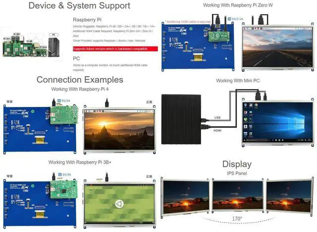 Alt view image 4 of 5 - waveshare 10.1inch Resistive Touch Screen LCD Compatible with Raspberry Pi 4B/3B+/3A+/2B/B+/A+/Zero/Zero W/WH/Zero 2W CM3+/4 1024×600 Resolution HDMI IPS Supports Windows