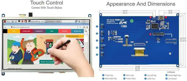 Alt view image 5 of 5 - waveshare 10.1inch Resistive Touch Screen LCD Compatible with Raspberry Pi 4B/3B+/3A+/2B/B+/A+/Zero/Zero W/WH/Zero 2W CM3+/4 1024×600 Resolution HDMI IPS Supports Windows