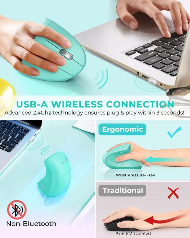Alt view image 3 of 5 - Lekvey Ergonomic Mouse, Vertical Wireless Mouse Rechargeable 2.4 GHz Optical Carpal Tunnel Mouse : 800/1200 / 1600 DPI, 6 Buttons, for Laptop, PC, Mac, Computer, Desktop, Notebook etc, Green
