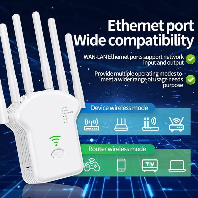 Alt view image 2 of 5 - Generic WiFi Extender, 6 Antenna 360 Coverage, Ultra Stable WiFi Repeater, Up to 11,800 sq. ft., 2 Ethernet Ports (Male)