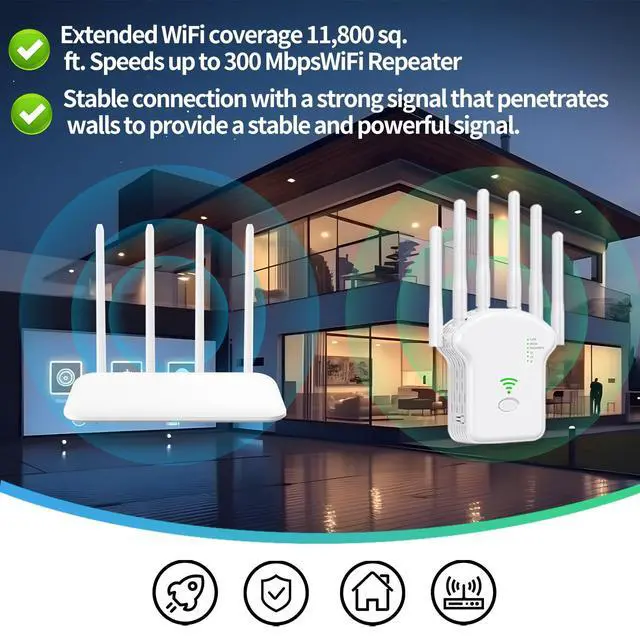 Alt view image 5 of 5 - Generic WiFi Extender, 6 Antenna 360 Coverage, Ultra Stable WiFi Repeater, Up to 11,800 sq. ft., 2 Ethernet Ports (Male)