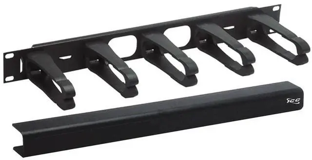 Main image of ICC 1U Ring Cable Manager Panel with Cover, Plastic with Metal Back Frame, 4" D-Rings, Horizontal Cable Management, Rackmount for 19 Network Racks, Black, Single Pack