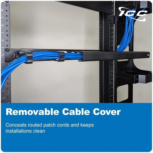 Alt view image 5 of 5 - ICC 1U Ring Cable Manager Panel with Cover, Plastic with Metal Back Frame, 4" D-Rings, Horizontal Cable Management, Rackmount for 19 Network Racks, Black, Single Pack