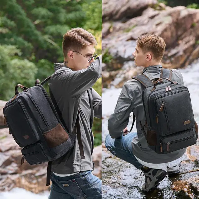 Alt view image 2 of 5 - Canvas Laptop Backpack for Men Women,Durable Travel Work Business Rucksack Bookbags Fits 15.6 Inch Notebook & Laptops,College Backpacks Computer Bag Weekender Hiking Daypack(Black)