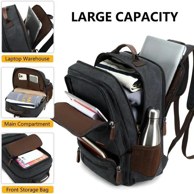 Alt view image 3 of 5 - Canvas Laptop Backpack for Men Women,Durable Travel Work Business Rucksack Bookbags Fits 15.6 Inch Notebook & Laptops,College Backpacks Computer Bag Weekender Hiking Daypack(Black)