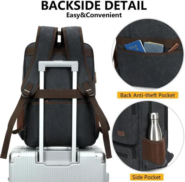 Alt view image 5 of 5 - Canvas Laptop Backpack for Men Women,Durable Travel Work Business Rucksack Bookbags Fits 15.6 Inch Notebook & Laptops,College Backpacks Computer Bag Weekender Hiking Daypack(Black)