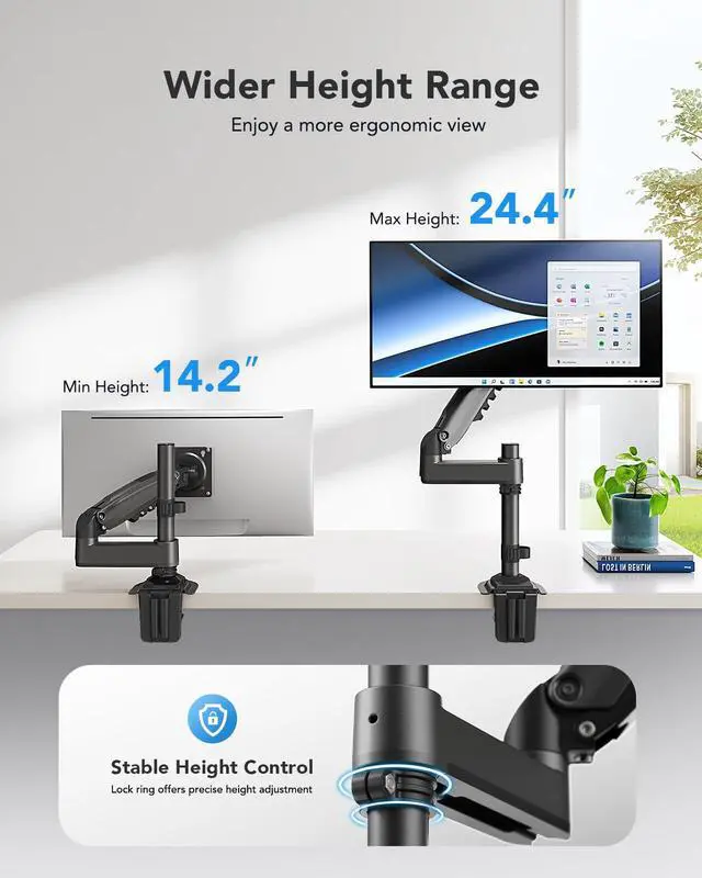 Alt view image 4 of 5 - HUANUO Single Monitor Mount, Adjustable Monitor Arm Desk Mount Fits 13-32 inch Screen,Steel Monitor Mount Reinforcement Plate for Thin, Glass and Other Fragile Tabletop