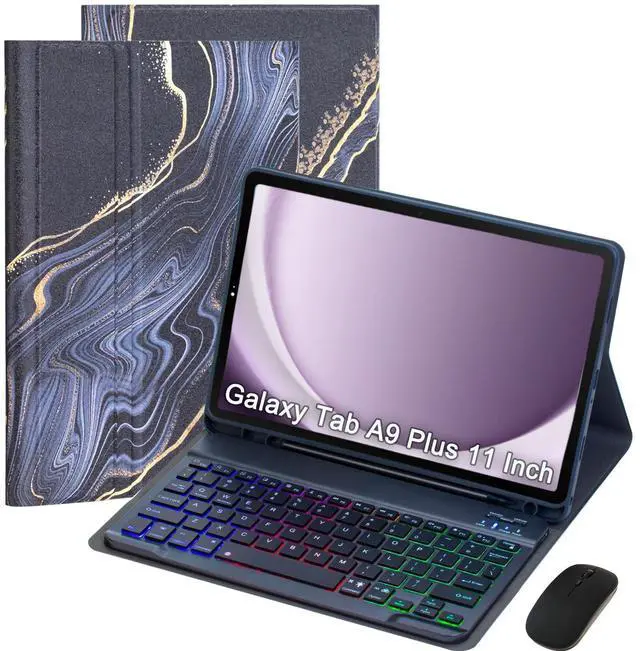 Main image of VLEAQC Keyboard Case for Samsung Galaxy Tab A9+/A9 Plus 11 Inch 2023 (SM-X210/X216/X218), Detachable Color Backlit Bluetooth Keyboard and Mouse, Lightweight Stand Cover with Pen Holder (Black Marble)